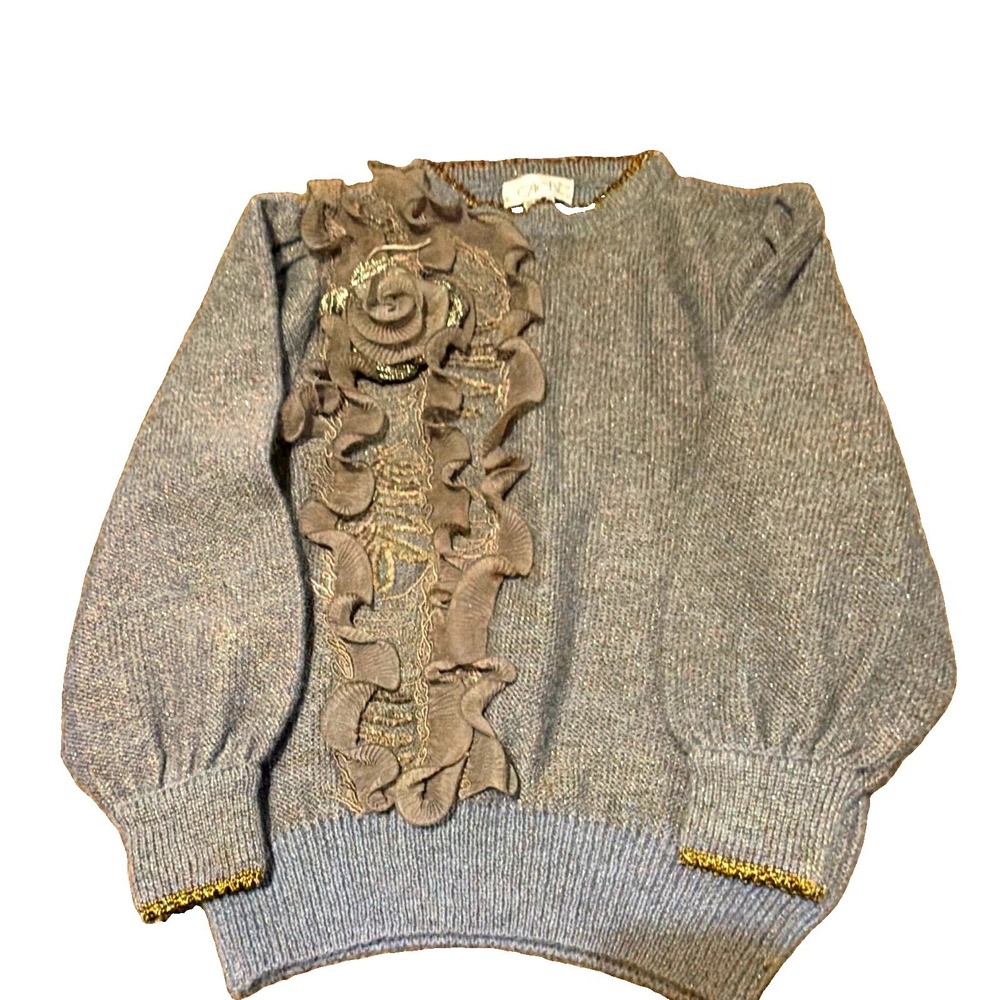 Caché Vingtage  Blue Knit Mohair Wool Blend Pullover Sweater Ruffle Metallic
